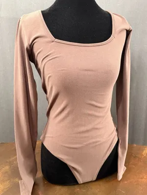 KK SONG Bodysuit Brown Long Sleeve Solid Basic Elegant top square neck casual thumbnail 1