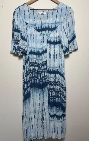 Go Softly Patio Women MIdi Dress L Blue‎ Tie Dye Shibori Rayon Short Sleeve Boho thumbnail 1