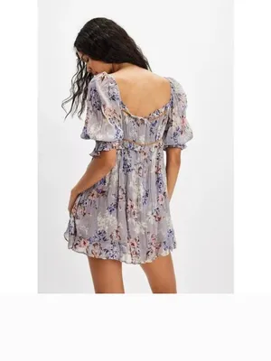 NWOT Free People Marney Mini Dress Floral Printed Puff Sleeve Ribbon thumbnail 2