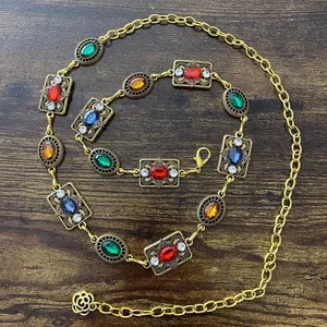 Women's Gold Colorful Jewel Chain Belt, Fits 26-43 Inches, X7GA1396 thumbnail 5