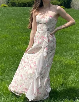 Christina Wu Strapless Summer Floral Bridesmaid Prom Maxi Gown 4 thumbnail 1