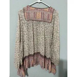 Free People Blouse S Floral Metallic Tassel Peasant Blouse Pink Cream Cottage thumbnail 5