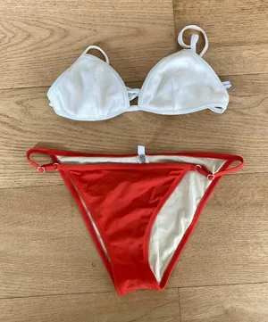 Solid & Striped - Triangle Bikini in White & Orange thumbnail 1