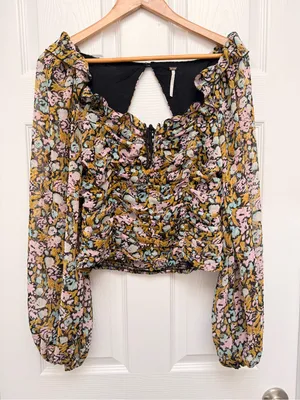 Free People Mabel Printed Blouse Black‎ Multi Floral Ruched Puff Sleeve Medium thumbnail 2