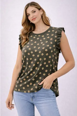 LOFT Petite Womens Top Size M‎ Olive Green Floral Ruffle Sleeve Casual thumbnail 1