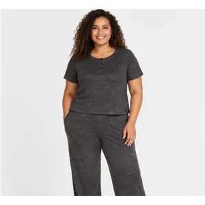 Jockey Womens Luxe Lounge Henley Size XL Dark Gray Brushed Ribbed Crop Top thumbnail 5