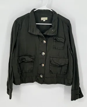 LOFT Utility Jacket Womens XL Olive Green Cotton Linen Cropped Cargo ‎ Military thumbnail 1