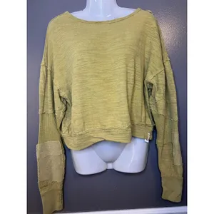We The Free Shirt Womens Small Green Boat Neck Long Sleeve Cropped Patchwork thumbnail 2