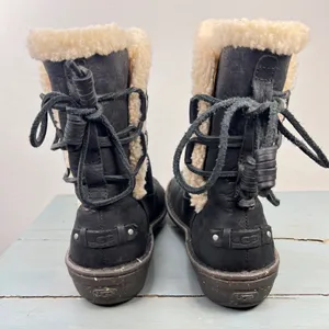 UGG Simmens Black Leather Shearling Lined Winter Boots 1007760 Womens 8 thumbnail 5