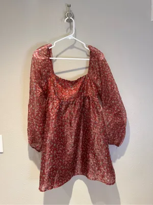 Altar’d State Romantic Rust Floral Sheer Puff Sleeve Mini Dress - Size Small thumbnail 2
