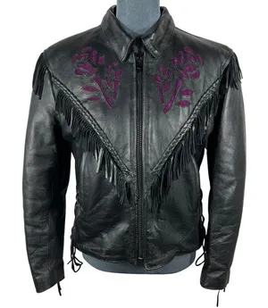 UNIK Leather Fringe‎ Biker Jacket Small Black Purple Rose Inlay Motorcycle Goth thumbnail 1