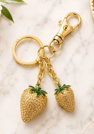 Strawberry Charm Keychain Gold and Green thumbnail 1