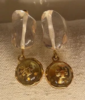 Tory Burch Classy Gold Logo Drop Earrings with Clear Resin Pendants Authentic! thumbnail 1