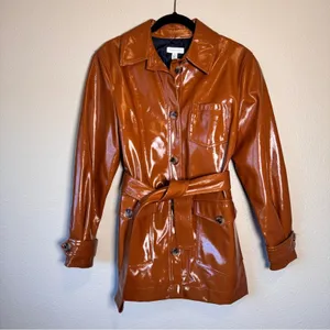 Topshop Brown Faux Patent Leather Trench Coat Jacket Womens 8 Preppy Fall Classy thumbnail 6