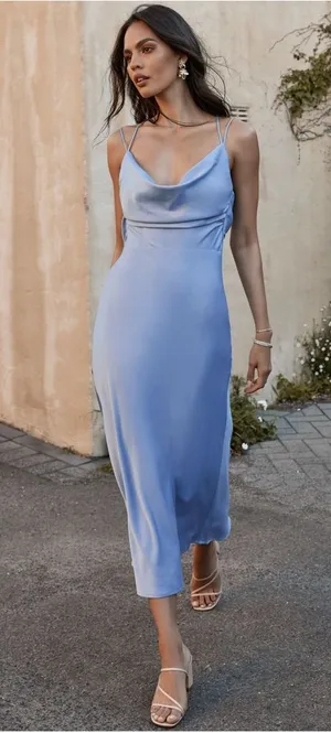 Soft Petal Midi Dress w Cowl Neck & Crossover Back thumbnail 1
