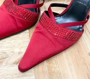 Vintage ESCADA Red Satin Embellished Pointy Toe Sling Back High Heels Pump 37 thumbnail 8