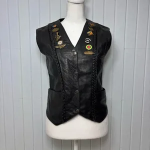 Unik Vintage Motorcycle Black Leather Vest with Unique Pins Size L‎ thumbnail 5