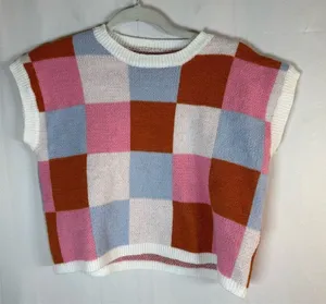 Womens Knit Sweater Vest Size S Colorblock Checkered Pink Blue Rust Cream thumbnail 1