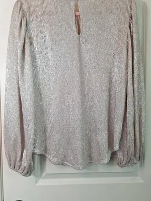 NWT Ann Taylor LOFT Size Medium Silver Textured Metallic Puff Sleeve Blouse NEW thumbnail 4