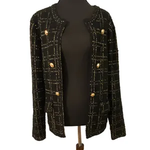 NWT Sioni Bouclé Knit Cardigan Jacket Black Gold Plaid Buttons Med Old Money thumbnail 2