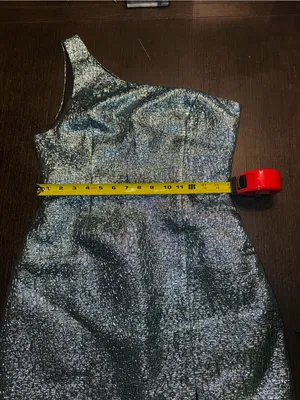 Modern Dream Teal Metallic Jacquard One-Shoulder Mini Party Dress thumbnail 4