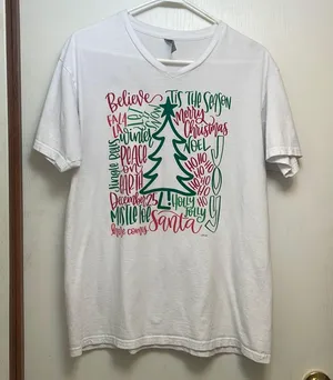 Christmas V-neck white T-shirt women’s size large. 100% ringspun cotton. thumbnail 1
