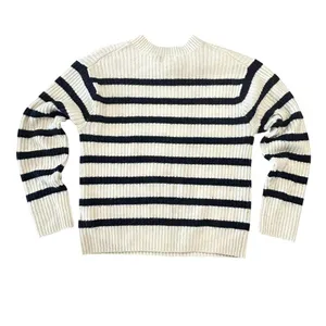 H&M Striped Rib Knit Sweater Coastal Cream Navy Blue Crewneck Small thumbnail 4