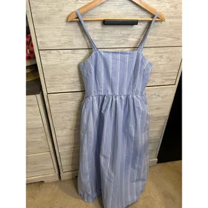 A New Day Blue White Striped Midi Dress Sleeveless Smocked Back Pockets XS thumbnail 3