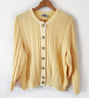 Mita Cable Knit Cardigan Vintage Long Sleeve Gold Buttons 80s Size 14 Yellow thumbnail 1