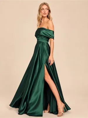 NEW Lulus Greatest Hits Forest Green Satin Off-the-Shoulder Maxi Dress Size XS thumbnail 11