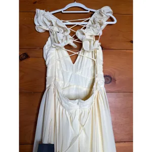 NWT Lulus Soiree Celebration Light Yellow Ruffled Lace-Up Maxi Dress Tiered Sz L thumbnail 8