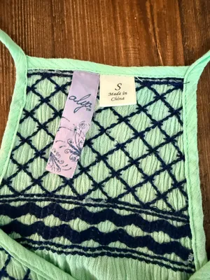 Alya Bright green and navy blue fringe detail Racerback style tank size small thumbnail 3