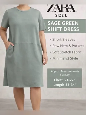 Zara women’s size L Sage Green Shift Dress Raw Hem Short Sleeve Pockets(A425)✨ thumbnail 2