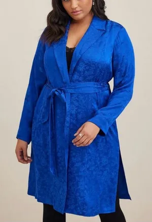 NWT Torrid Royal Blue Jacquard Tie Waist Open Front Trench Coat‎ 2X thumbnail 1