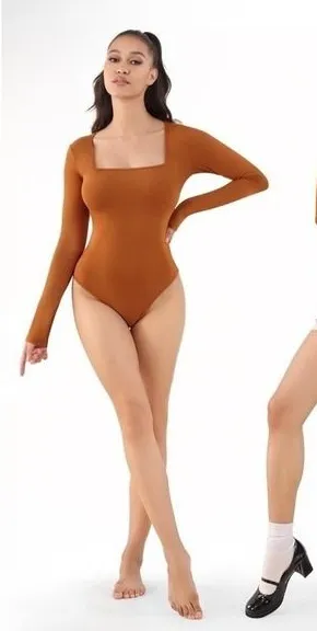 MANGOPOP‎ Women XL Brown Square Neck Long Sleeve Snap Crotch Bodysuit Neutral thumbnail 1