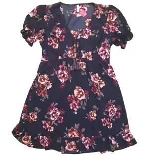 🆕 Xhilaration NEW L Dress Navy Blue Floral Babydoll Ruffle Peasant Sexy Date thumbnail 1