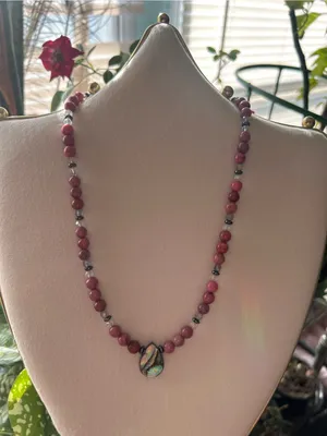 Handcrafted Rhodonite + Labradorite Beaded Necklace with Abalone Shell Pendant thumbnail 1