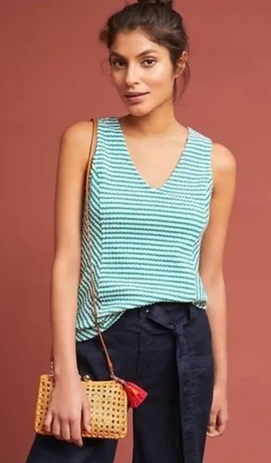Maeve Anthropologie Franconia Green Striped Seersucker Sleeveless Top Small S thumbnail 1