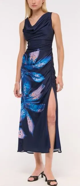 Abercrombie & Fitch Women’s Cowl Neck Draped Maxi Dress Dark Indigo Floral thumbnail 1