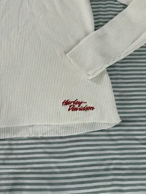 Cream color Ribbed Turtleneck Harley Davidson Sweater with Red Script Accent thumbnail 2