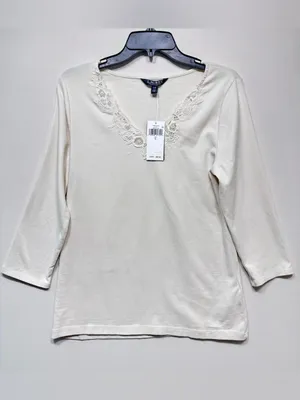 Lauren ralph lauren Lace-Trim Stretch Cotton 3/4 sleeve Top size large nwt thumbnail 2