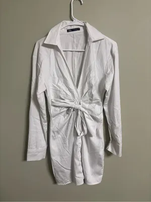 Zara Poplin Shirt Dress Mini White Knot Size XS Long Sleeve Bridal Shower Photos thumbnail 2