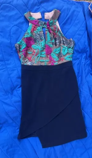 Harlyn Floral Embroidered Halter Keyhole Cocktail Dress with Tulip Wrap Skirt thumbnail 3