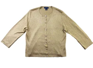 Ann Taylor Gold Shimmer Knit Crewneck Cardigan Sweater Women's Large EUC thumbnail 1