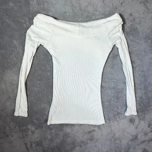 Abercrombie & Fitch Women’s Small Ivory Ribbed Off Shoulder Wrap Long Sleeve Top thumbnail 8