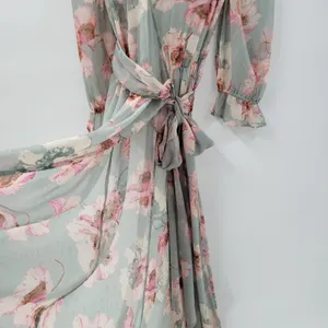 Express Wrap Dress Womens S/M Green Floral Watercolor Sheer Tiered Long Maxi thumbnail 14