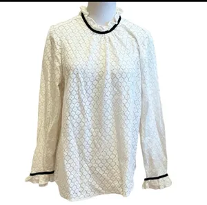 Gap White Ivory Lace Ribbon Trim Blouse High Neck Semi Sheer L Victorian thumbnail 2