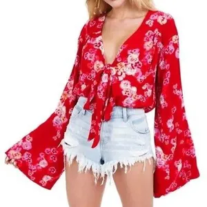 Free People red Forties feels bell sleeve floral Vneck bodysuit thumbnail 1