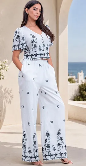 NWT White & Black Embroidered Two-Piece Wide-Leg Pants Set Large thumbnail 1