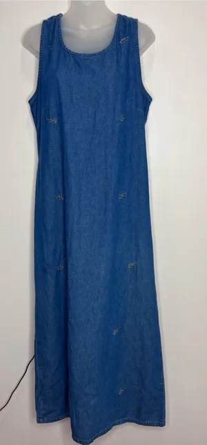 Vintage Denim Long Maxi Dress Blue Gold floral Embroidery 90s medium 100% Cotton thumbnail 1